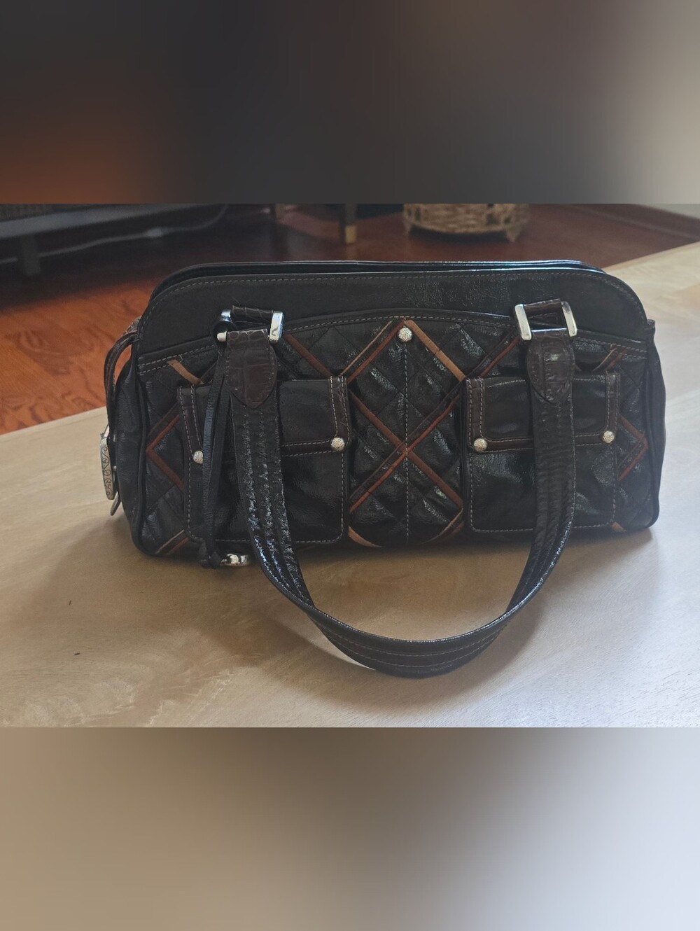 Brighton Vintage D830046 Dark Brown Quilted Leather Shoulder Bag Heart Charm